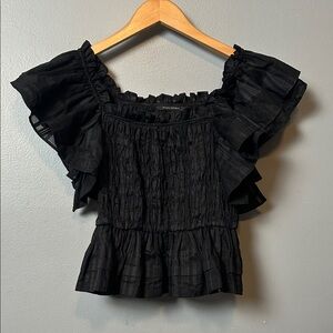 Banana Republic Black Smocked Blouse size XS Ruffle shoulders